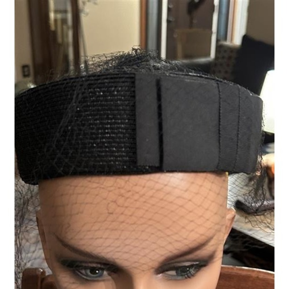 Vintage 1950s Black Art Deco Pillbox Turban Hat with Veil Union Made Antique